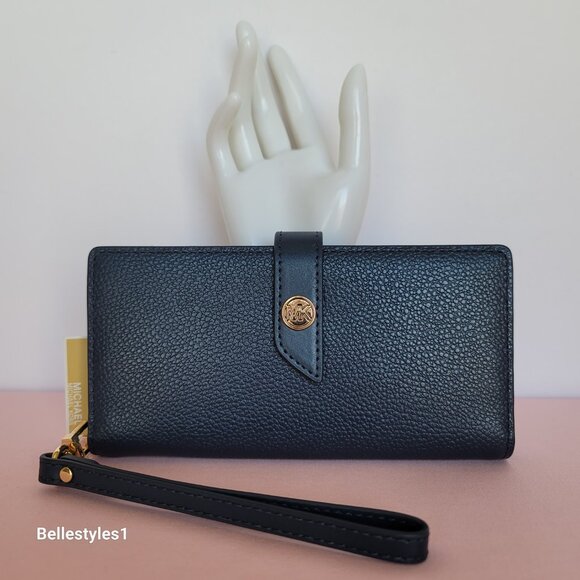 MICHAEL KORS Bifold Pebbled Leather Large Wallet/Wristlet- Navy color 🎈$88.⭐ - Picture 8 of 16
